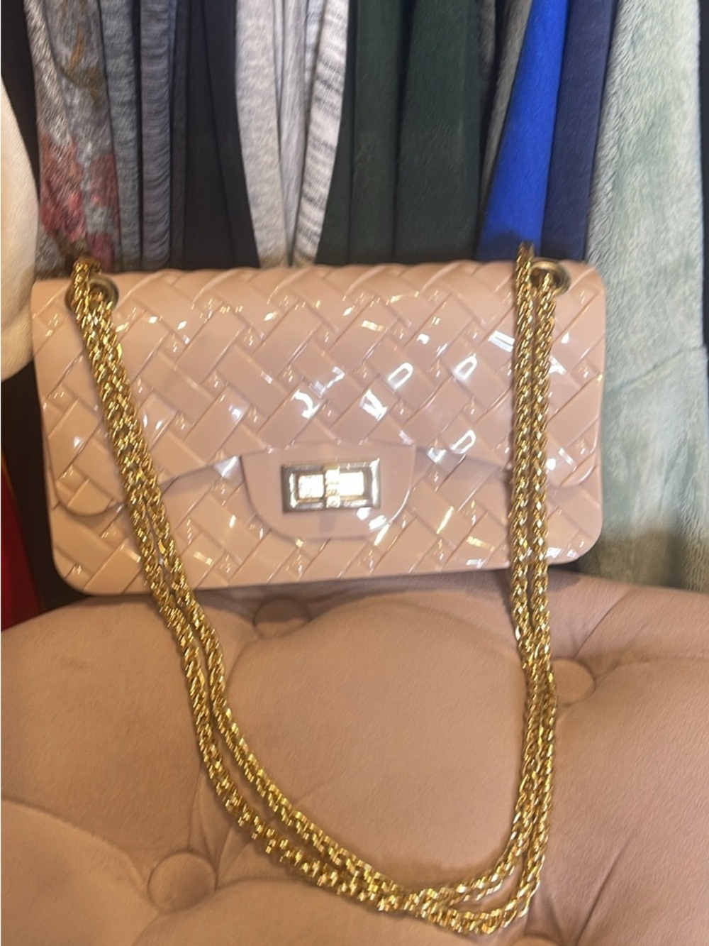 Patent Quilted Nude Shoulder Bag with Gold Chain